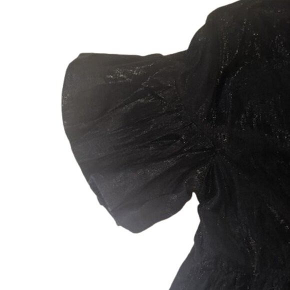 Black Shimmery Blouse with Short Puffy Bouffant Sleeves Size Small - Picture 3 of 4